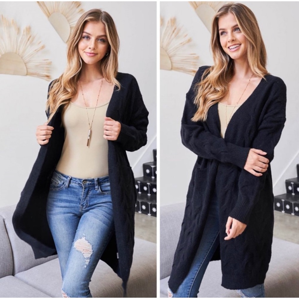 1 LEFT! Open Front Long Sleeve Soft Tight Knit Black Women's Cardigan - Picture 2 of 12